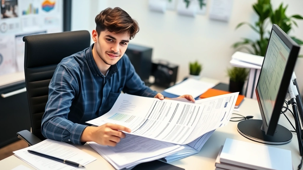Young professional reviewing financial documents and health records at desk, organized workspace with computer and paperwork, focused and confident demeanor, modern office environment