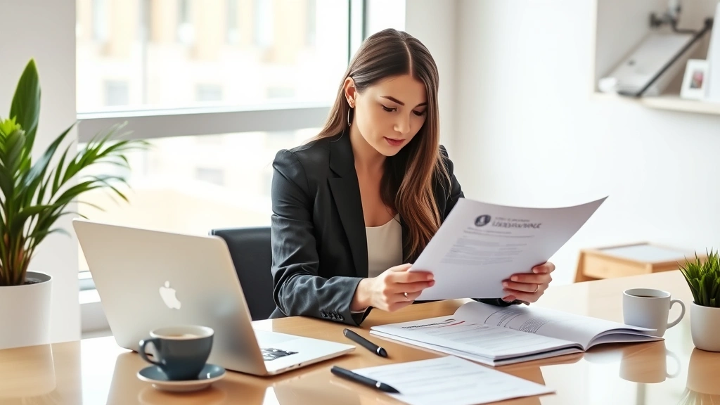 Professional woman reviewing health insurance documents at a modern desk with laptop, coffee, and papers, natural sunlight from window, calm office environment