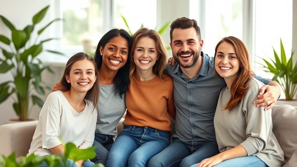 Diverse family of four smiling together in a bright living room, healthy and happy, modern home setting with plants and natural light