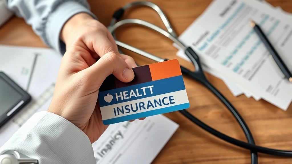 Close-up of hands holding a health insurance card with stethoscope on wooden desk, financial documents nearby, professional medical setting