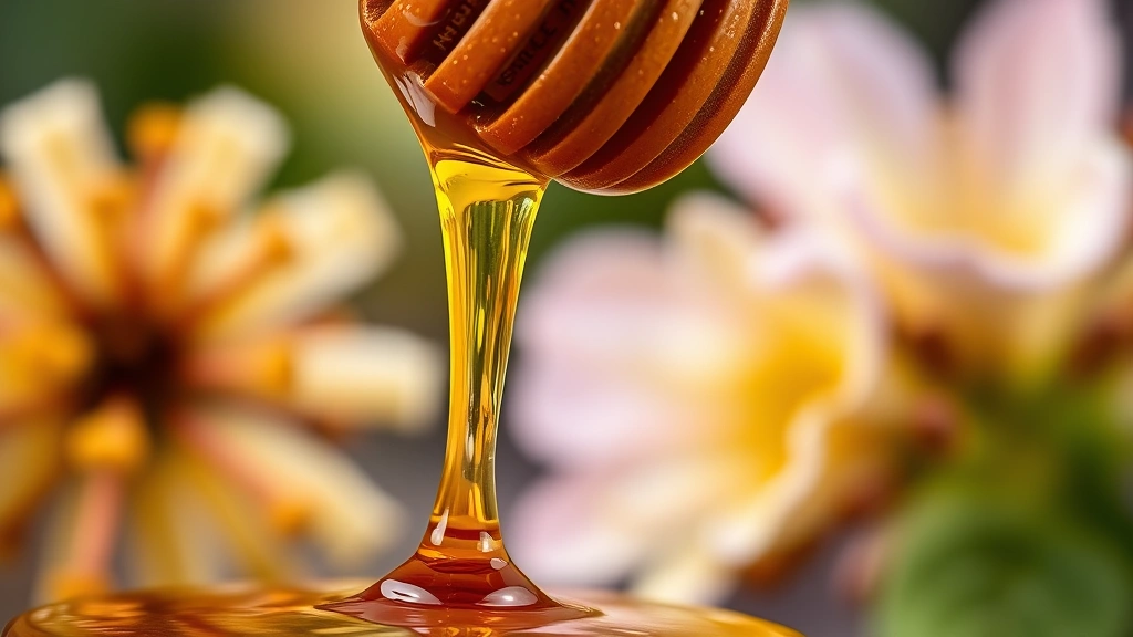 Close-up of golden manuka honey being drizzled from a wooden dipper, showcasing rich amber color and viscosity, with fresh Manuka flowers blurred in background, natural daylight, professional food photography