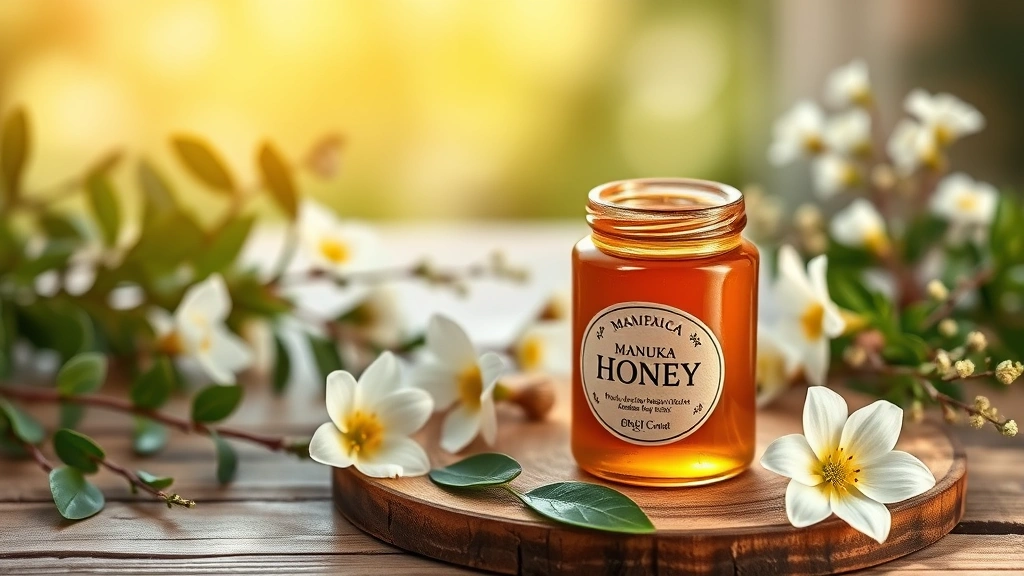 Serene wellness scene with manuka honey jar on wooden table surrounded by fresh greenery, white flowers, and natural health elements, soft natural lighting, representing holistic health investment