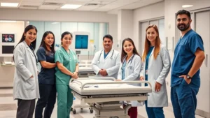 Professional healthcare team in modern hospital setting, doctors and nurses collaborating around patient care station, diverse medical professionals in scrubs and white coats, contemporary clinical environment with medical equipment visible in background, confident and focused healthcare workers
