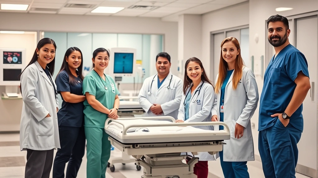 Professional healthcare team in modern hospital setting, doctors and nurses collaborating around patient care station, diverse medical professionals in scrubs and white coats, contemporary clinical environment with medical equipment visible in background, confident and focused healthcare workers