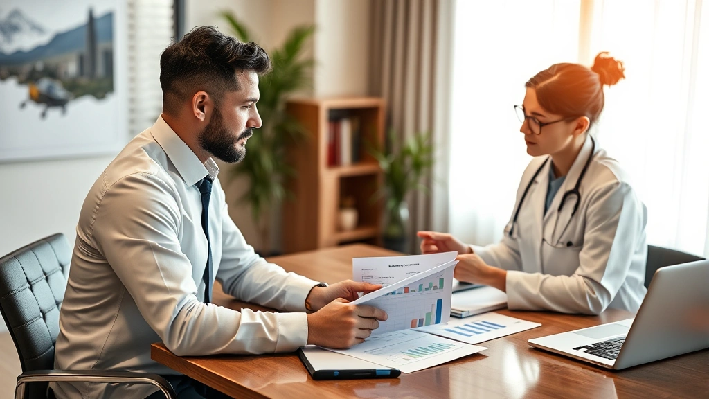Financial advisor meeting with healthcare professional at modern office desk, reviewing investment portfolio documents and charts, professional business attire, warm lighting, discussing wealth strategy and financial planning, papers and tablet showing financial data