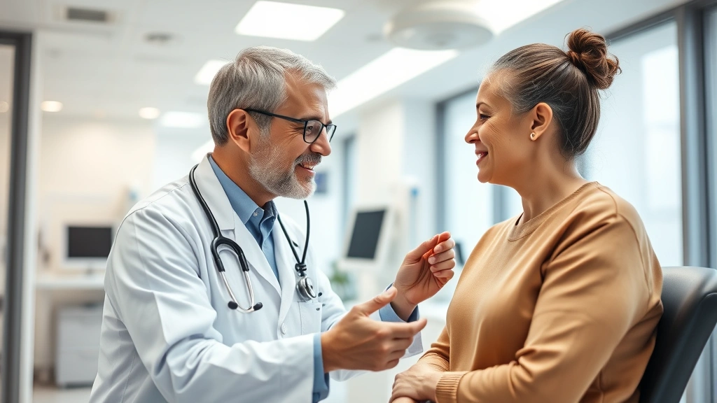 Healthcare professional in modern clinic examining patient with stethoscope, caring medical interaction, well-lit medical facility interior, professional medical environment, trust and expertise demonstrated through clinical interaction, contemporary healthcare setting with advanced medical technology