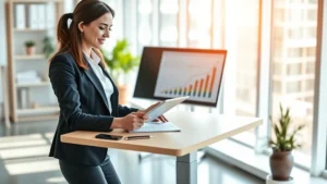 Professional woman in business attire working at a modern standing desk in a bright office, confidently reviewing financial documents and growth charts on a tablet, natural daylight streaming through large windows, representing career success and professional growth