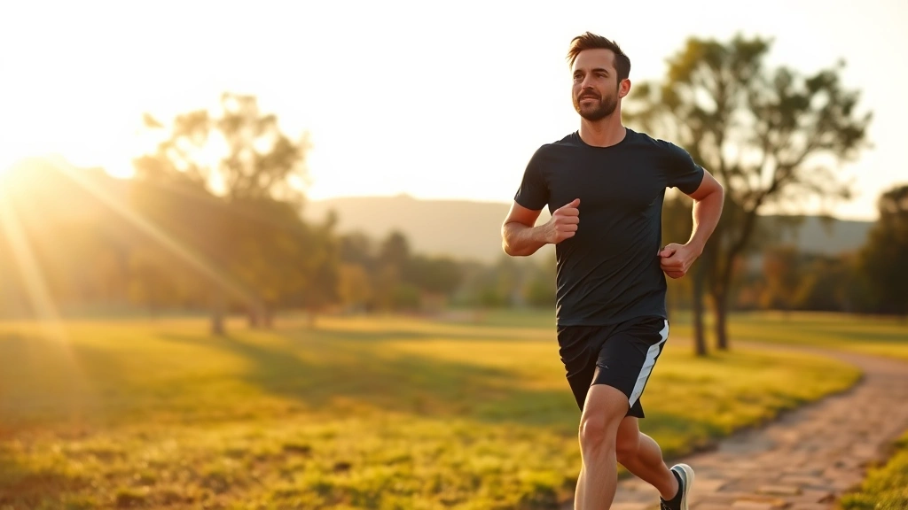 Healthy active person jogging outdoors in a scenic park during golden hour, wearing fitness attire, surrounded by trees and natural landscape, showing vitality and wellness as foundation for productivity and wealth building