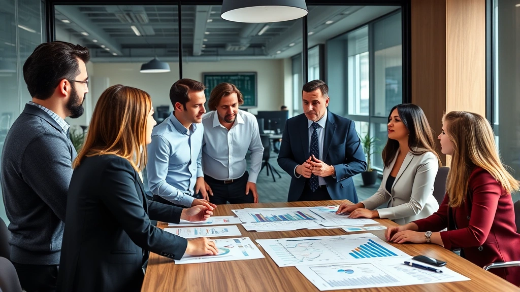 Diverse group of professionals in business casual clothing in a modern office meeting room discussing investment portfolio and financial planning with charts and documents on the table, collaborative wealth-building discussion