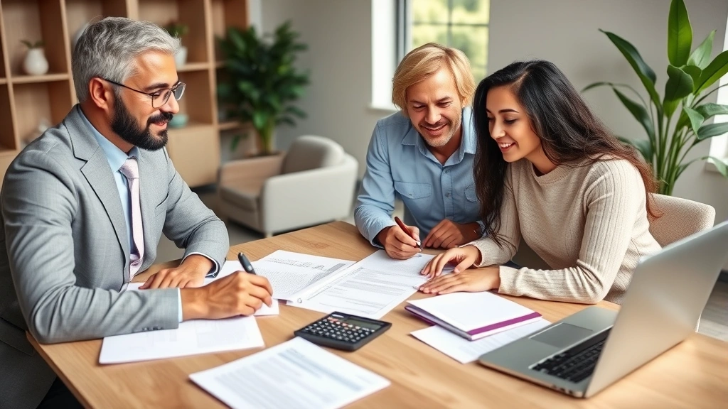 Professional financial advisor meeting with diverse family in modern office reviewing health insurance documents and savings plans on desk with calculator and laptop, natural lighting