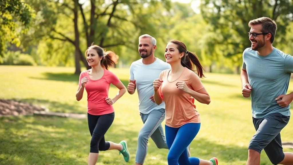 Healthy active family exercising outdoors in park, jogging and stretching together on grass with trees in background, representing wellness program participation and preventive health