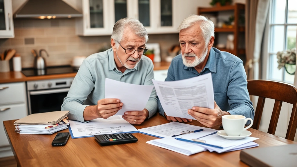 Senior couple reviewing medical bills and insurance paperwork at home kitchen table with organized file folders, calculator, and coffee, discussing healthcare cost management strategy
