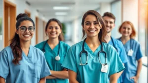 Professional healthcare worker in medical scrubs smiling with colleagues in modern hospital corridor, natural lighting emphasizing teamwork and professionalism