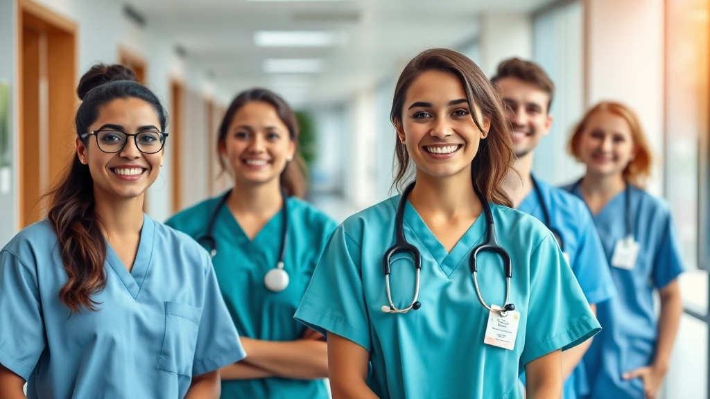 Professional healthcare worker in medical scrubs smiling with colleagues in modern hospital corridor, natural lighting emphasizing teamwork and professionalism
