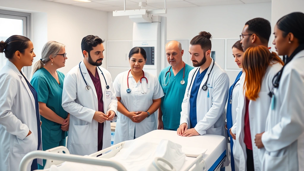 Diverse group of healthcare professionals in white coats and scrubs collaborating around patient care station with advanced medical equipment visible in background