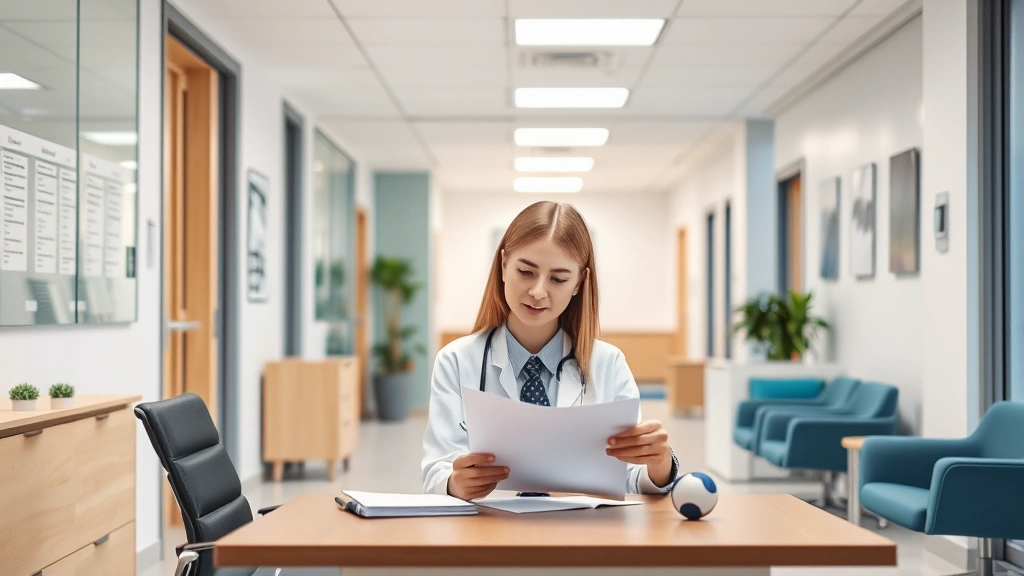 Healthcare professional in business attire reviewing documents at desk in modern hospital administrative office with contemporary furniture and professional atmosphere