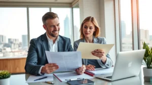 Professional couple reviewing investment portfolio and financial documents at modern home office desk with Memphis skyline visible through window, natural lighting, confident expressions, wealth planning atmosphere