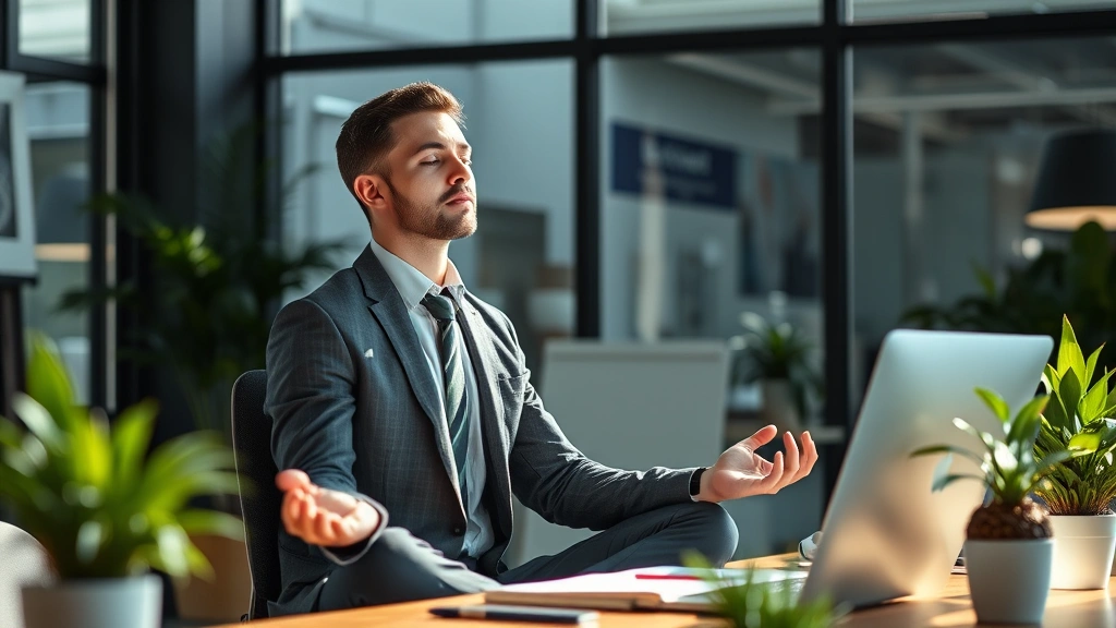 Professional man in business attire meditating peacefully at his desk during work, natural sunlight from window, calm focused expression, modern office environment with plants
