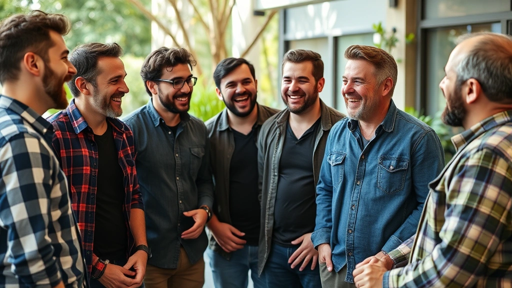 Diverse group of men in casual setting having genuine conversation and laughing together, supportive friendly atmosphere, outdoor or comfortable indoor setting, authentic connection