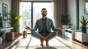 Professional man meditating peacefully in modern home office with morning sunlight, appearing calm and focused, suitable for stress management and mindfulness content