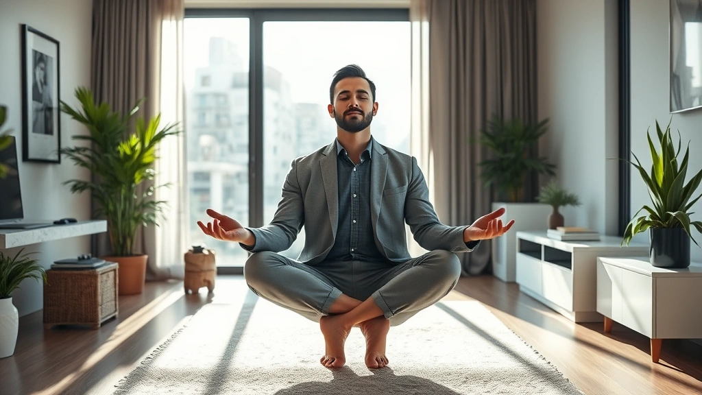 Professional man meditating peacefully in modern home office with morning sunlight, appearing calm and focused, suitable for stress management and mindfulness content