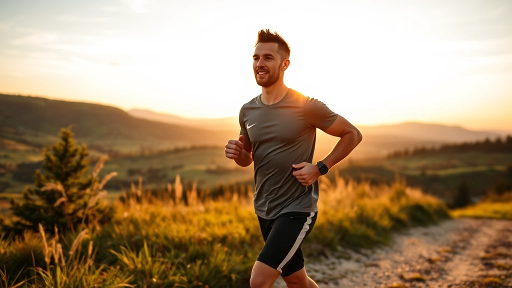 Athletic man jogging outdoors on scenic trail at sunrise, appearing energized and healthy, demonstrating physical wellness and mental clarity connection