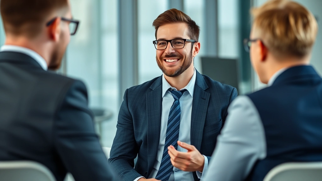 Confident professional man in business attire during career consultation or mentoring session, appearing engaged and optimistic about future prospects