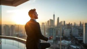 Professional man in business casual attire meditating peacefully at sunrise on a modern office balcony overlooking city skyline, serene expression, natural morning light