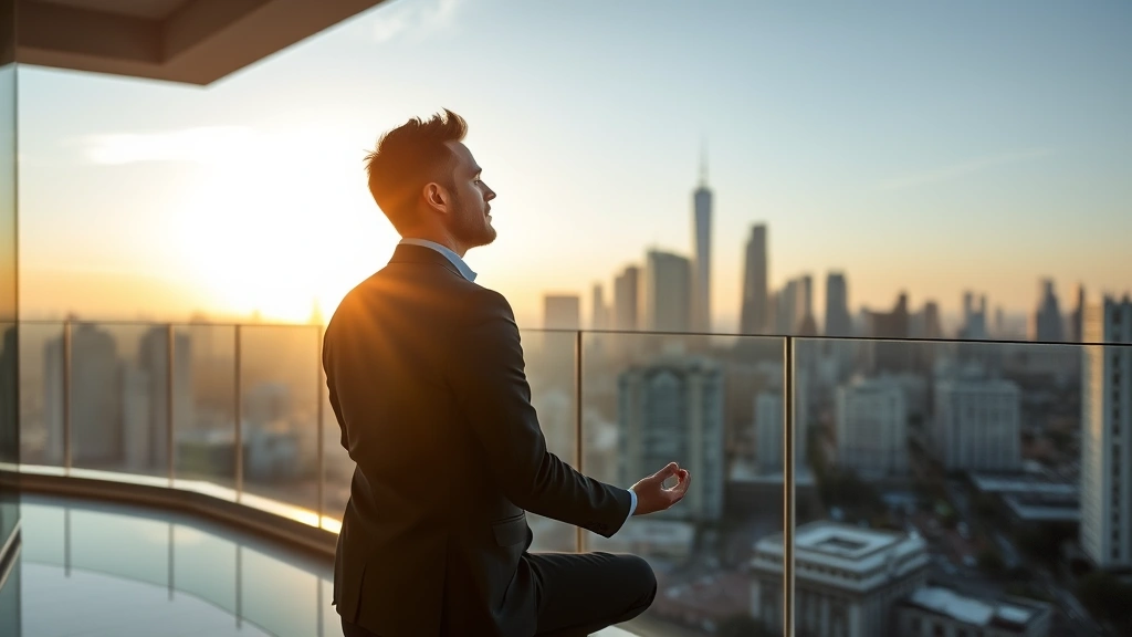 Professional man in business casual attire meditating peacefully at sunrise on a modern office balcony overlooking city skyline, serene expression, natural morning light