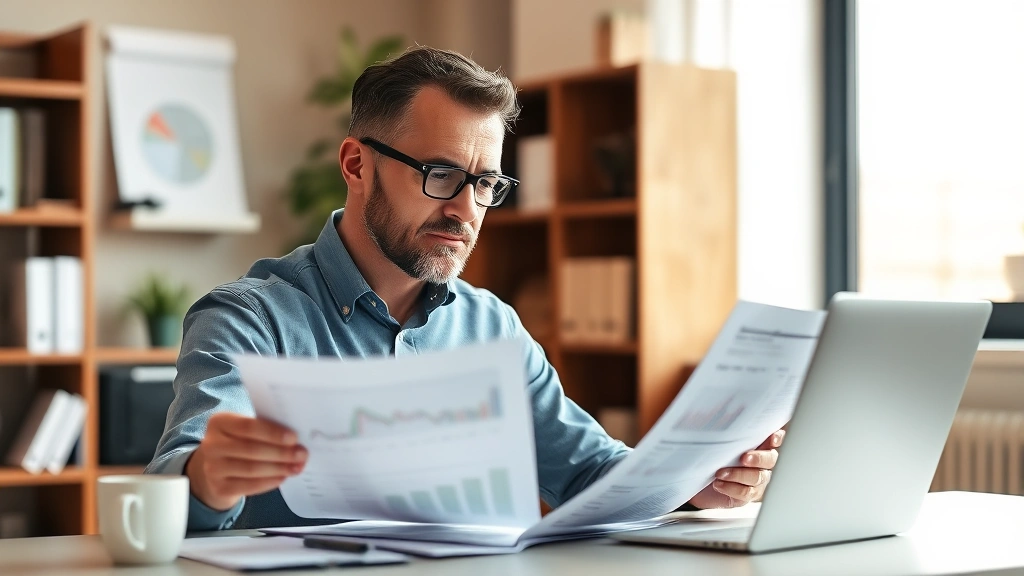 Mature man reviewing financial documents at minimalist desk with coffee, focused expression, organized workspace, warm natural lighting, professional yet calm atmosphere