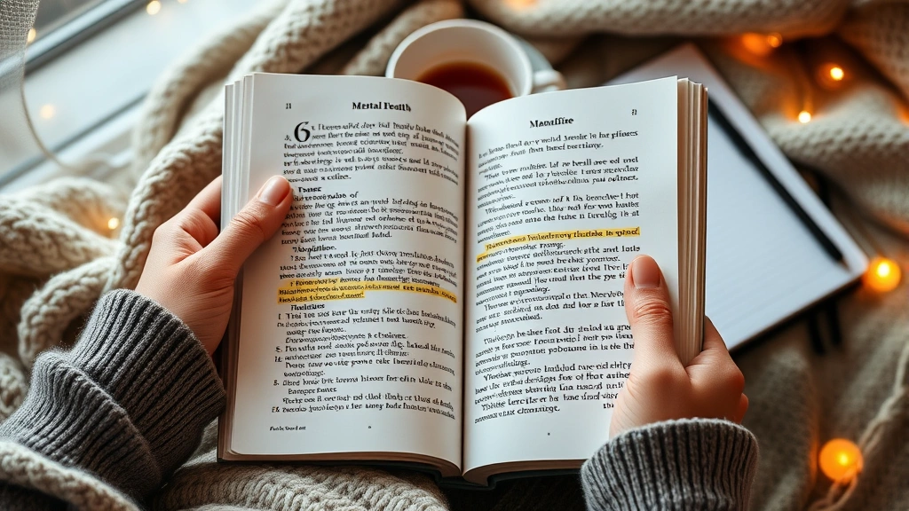 Close-up of hands holding open mental health book with highlighted passages and handwritten notes in margins, cozy reading nook with soft blanket, tea cup, and notebook nearby, warm ambient lighting