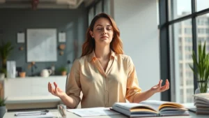Professional woman meditating peacefully in modern office with natural light, serene expression, financial documents visible on desk, representing mental clarity for wealth decisions