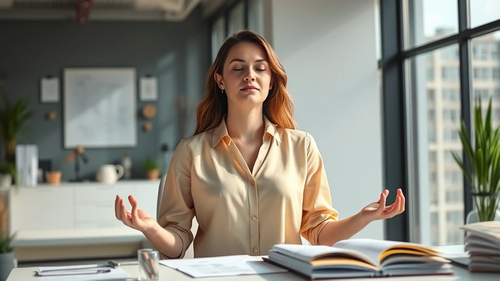 Professional woman meditating peacefully in modern office with natural light, serene expression, financial documents visible on desk, representing mental clarity for wealth decisions