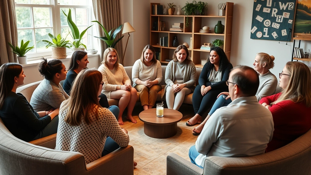 Diverse group of people in therapy session circle, supportive environment, comfortable seating, warm lighting, engaged in meaningful conversation about personal growth and wellness