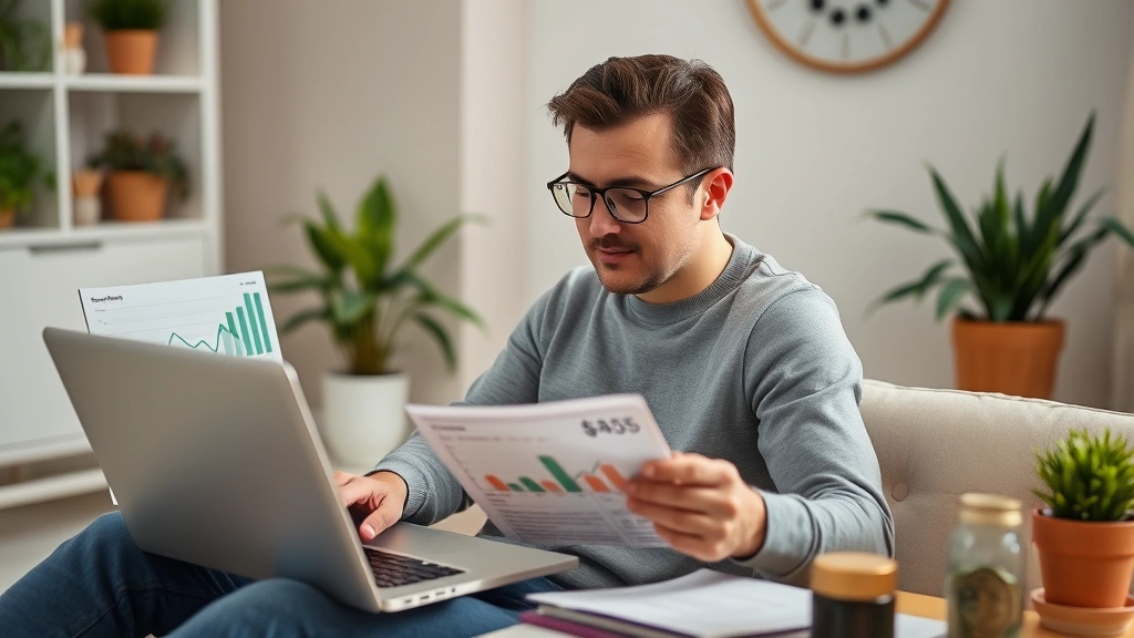 Person reviewing financial portfolio on laptop with calm, focused expression, home office setting, plants and wellness items nearby, demonstrating integrated mental and financial health