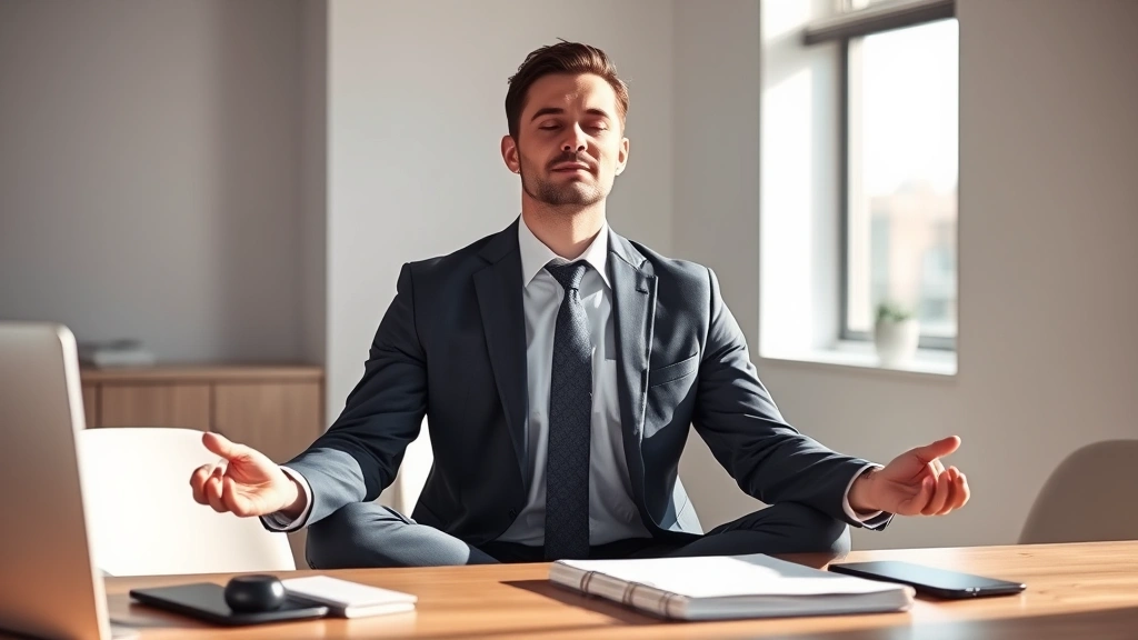 Professional man in business attire meditating peacefully at desk with natural morning light, calm focused expression, minimalist office background, representing mindfulness for financial success