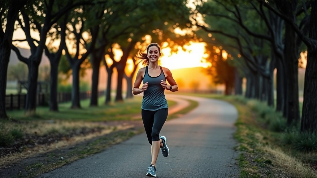 Woman jogging outdoors on tree-lined path during golden hour, athletic wear, determined yet peaceful expression, natural landscape background, symbolizing exercise as mental health and wealth-building tool