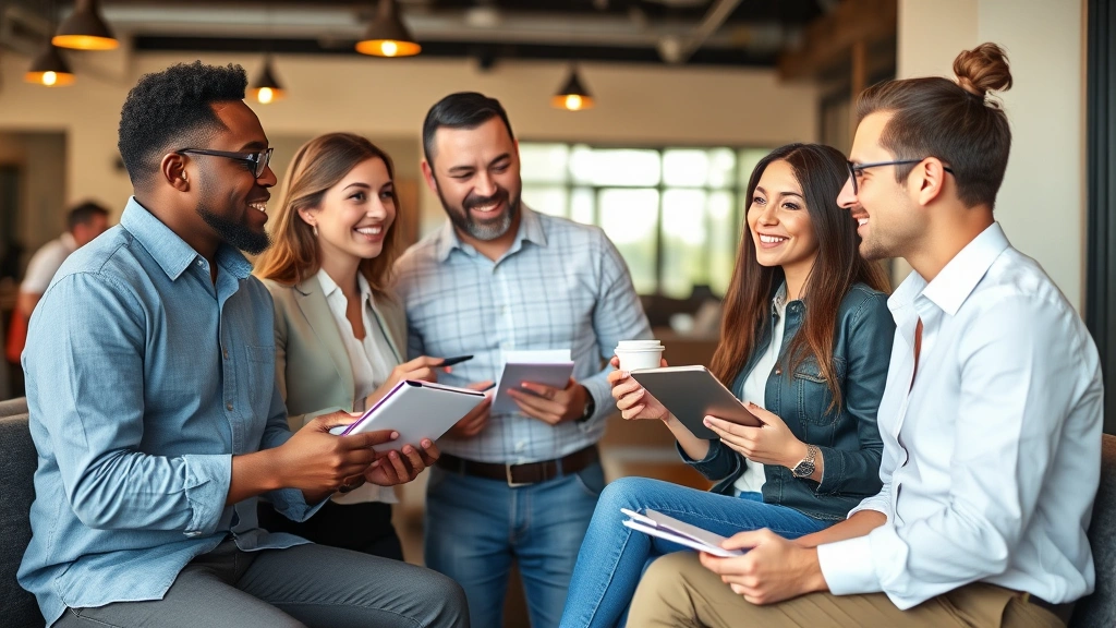 Diverse group of professionals in casual setting having collaborative discussion with notebooks and coffee, warm lighting, engaged expressions, representing professional networks and social connections for financial growth