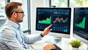 Professional financial advisor reviewing investment portfolio on computer screen with charts and graphs visible, modern office setting, confident expression, wealth management concept