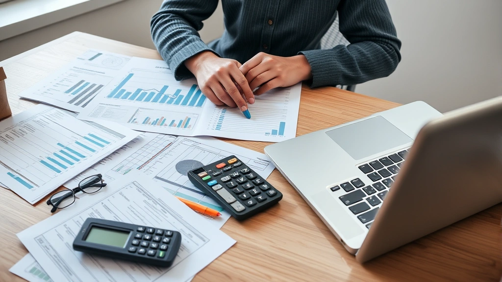 Person sitting at desk with multiple financial documents, calculator, and laptop showing investment dashboard, organized workspace, natural lighting, financial planning in progress