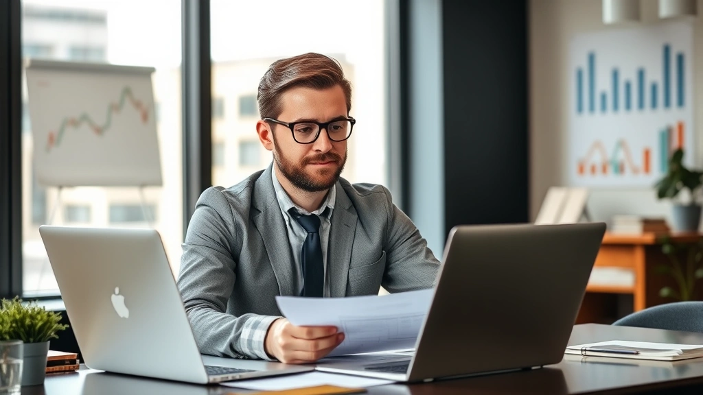 Professional real estate investor reviewing property documents at desk with laptop, modern office setting, confident expression, financial charts visible in background, natural lighting