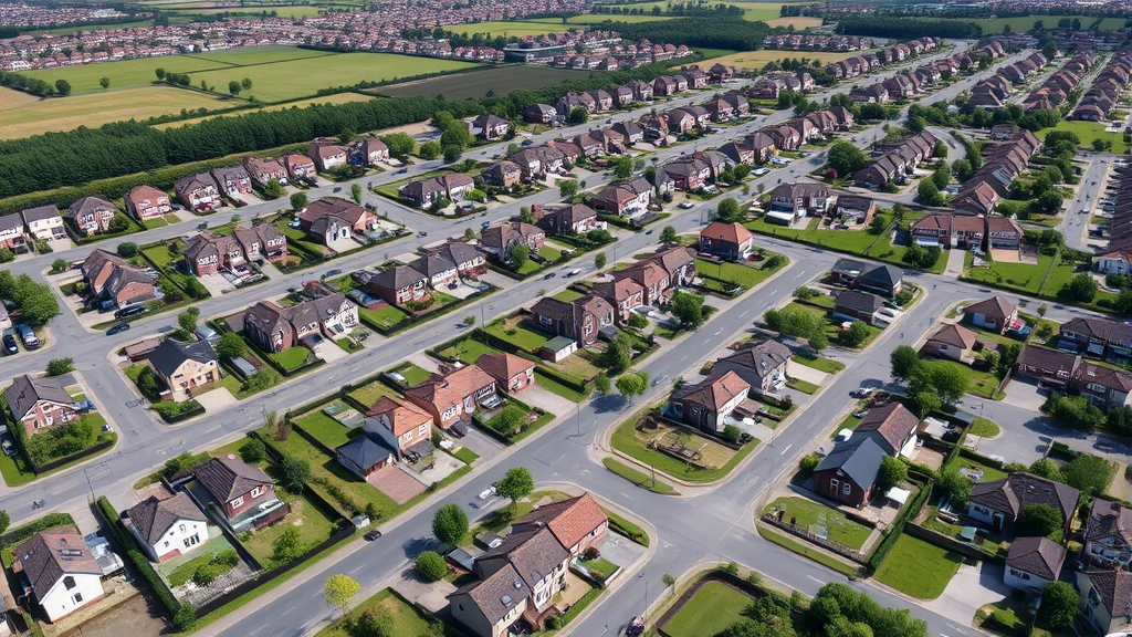 Aerial view of residential neighborhood with multiple properties, suburban development with new construction, green spaces, family homes, clear sunny day