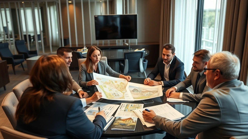 Diverse group of investors discussing real estate portfolio during business meeting, conference room setting, analyzing property maps and documents, collaborative atmosphere, professional attire