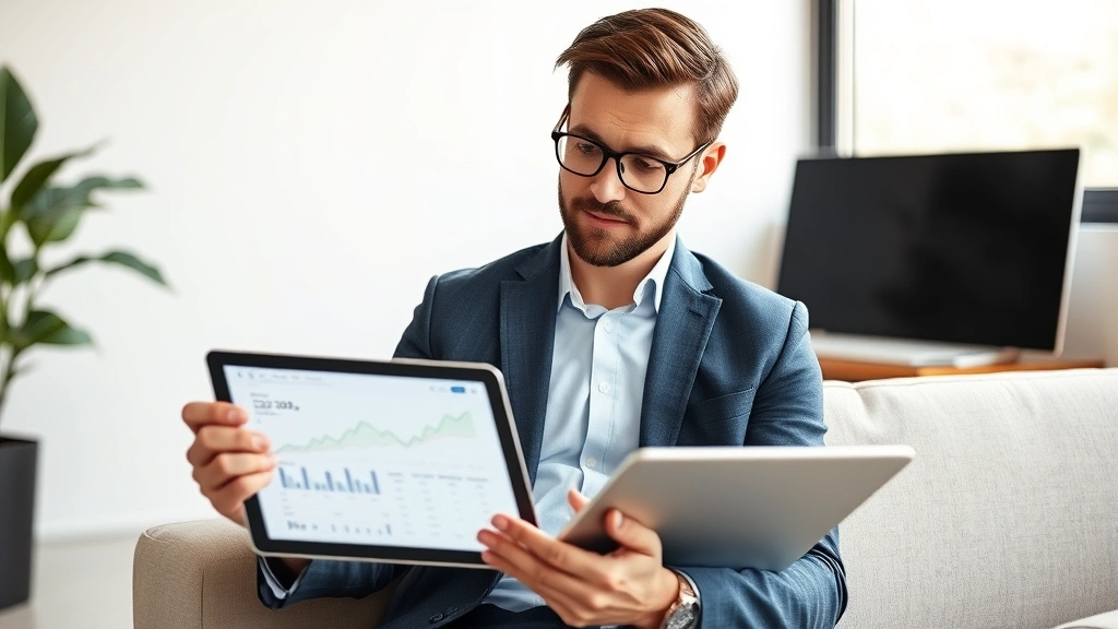 Confident investor reviewing portfolio statement with calm focused expression, tablet showing growth charts, minimalist workspace, natural daylight, composed body language