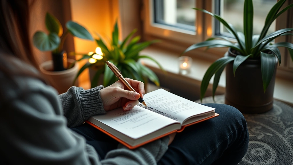 Person journaling financial goals in peaceful setting, pen in hand, notebook open, warm lighting, plants nearby, reflecting mindful intentionality about money management