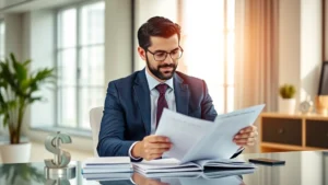 Successful professional in business attire reviewing financial documents at modern desk with visible wealth mindset symbol, confident expression, natural office lighting, prosperity atmosphere