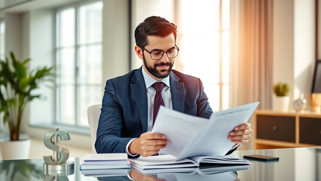 Successful professional in business attire reviewing financial documents at modern desk with visible wealth mindset symbol, confident expression, natural office lighting, prosperity atmosphere