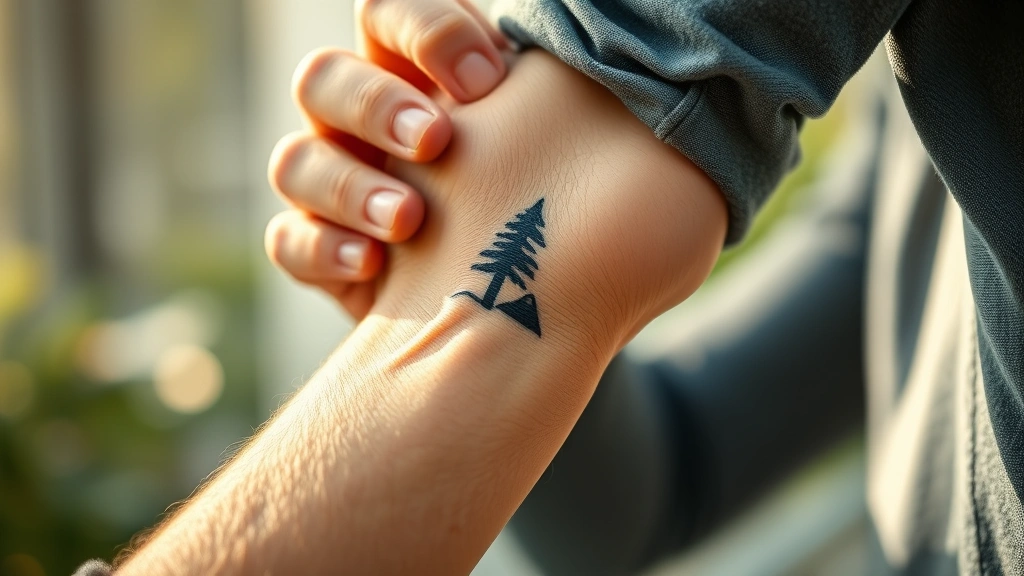 Close-up of meaningful personal tattoo on wrist showing growth symbol like tree or mountain, person making deliberate financial decision, confident body language, warm natural light