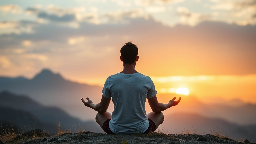 Person meditating in peaceful natural setting with mountains, representing mental clarity and long-term financial perspective, sunrise or golden hour lighting, serene wealth-building mindset