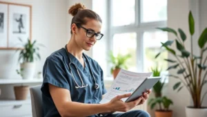 Professional mental health technician in modern clinical setting reviewing financial documents on tablet computer, natural window lighting, calm office environment with plants, wearing scrubs, confident expression, wealth planning materials visible